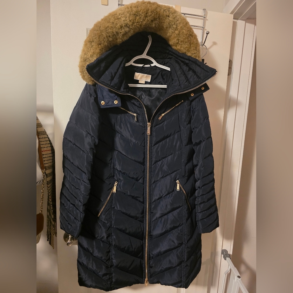Michael Kors Navy Puffer Jacket with Faux Fur Trim